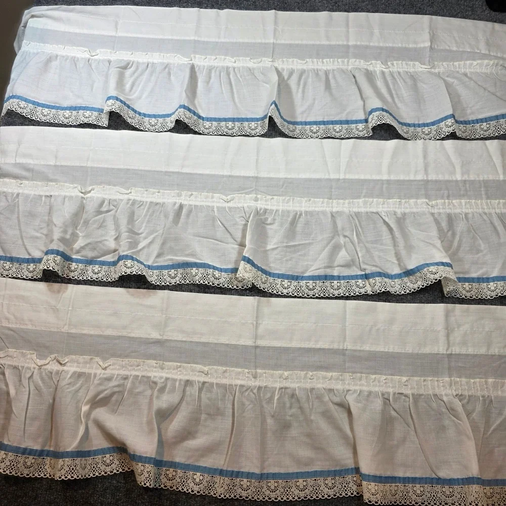 Vintage White Ruffled Lace Valance Set of 3 Blue Ribbon Trim Made in USA 45x10.5